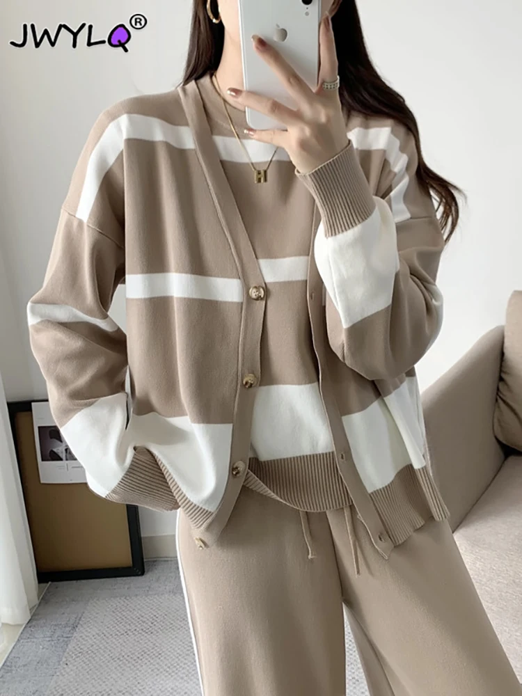 Autumn Winter Streetwear Three Piece Set Women Korean O-neck Sleeveless Vest+cardigan Coats+wide Leg Pants Stripes Knitted Sets