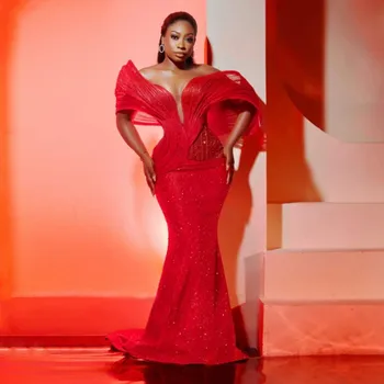 Robe de Soirée Rouge à Paillettes Brillantes pour Femme Africaine, Manches Bouffantes, Grande Taille, Aso Ebi, ixde Mariage