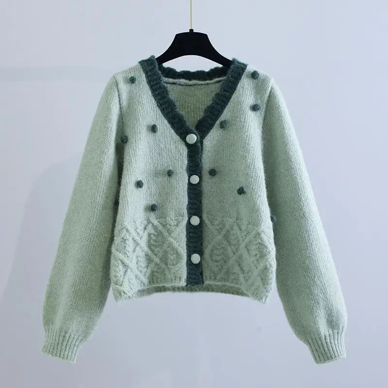 EVNISI Cute Women Green Loose Sweater Cardigan V-Neck Single Breasted Knitting Long Sleeve Sweater For Women Jumpers Winter