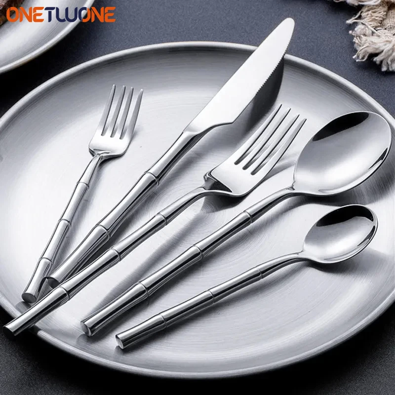 Cutlery Set Creative Bamboo Handle 304 Stainless Steel Western Tableware Steak Cutlery Knife Fork Spoon Dinnerware Flatware