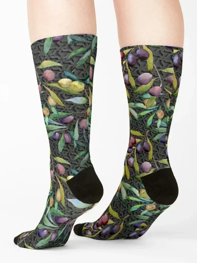 Olives On The Tree With Black Geometric Background Socks Stockings man bright garter luxury custom Man Socks Women's