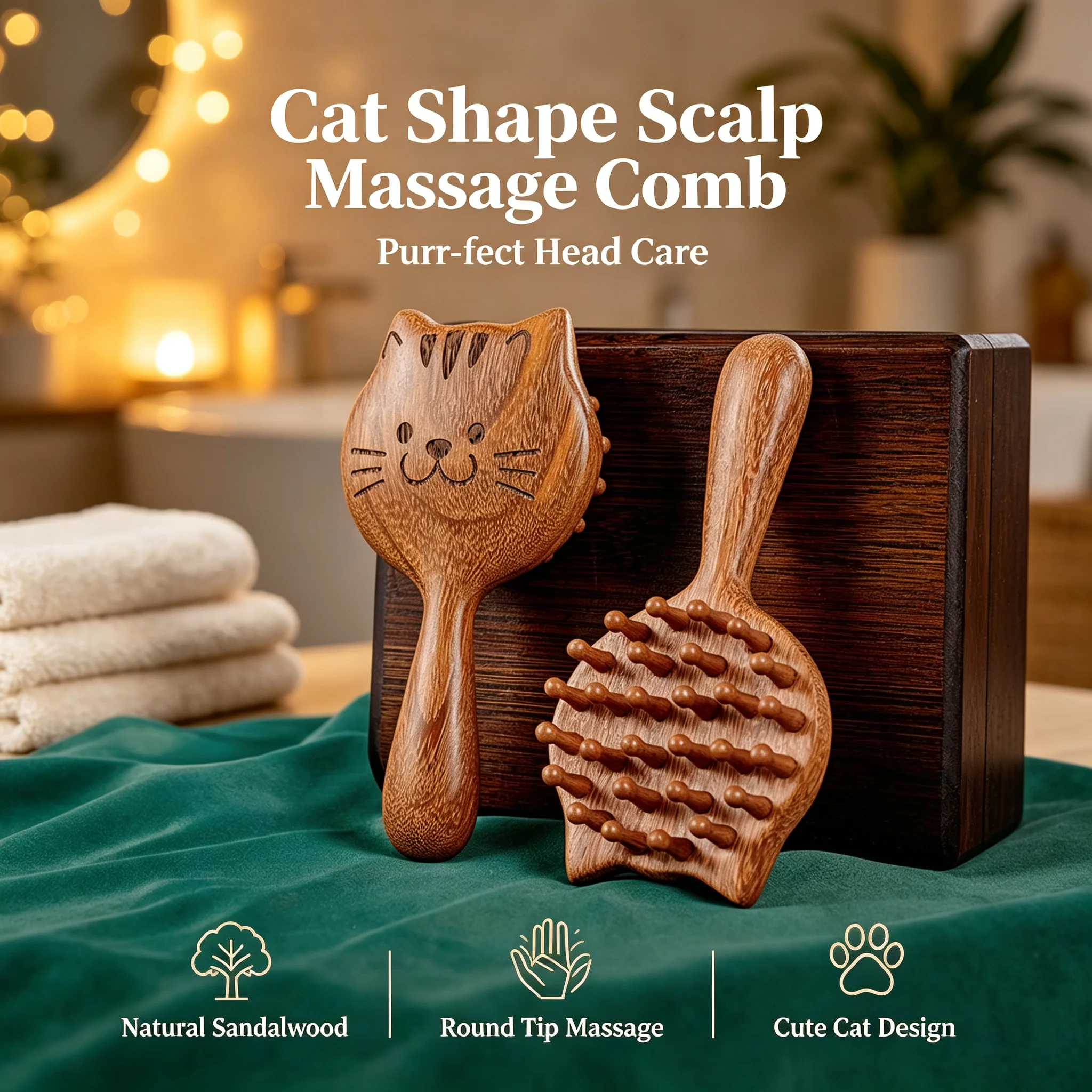 Sandalwood Cat Shaped Scalp Massage Brush for Dry Wet Hair Travel Size Wooden Comb for Men Women Kids Head Care Tool