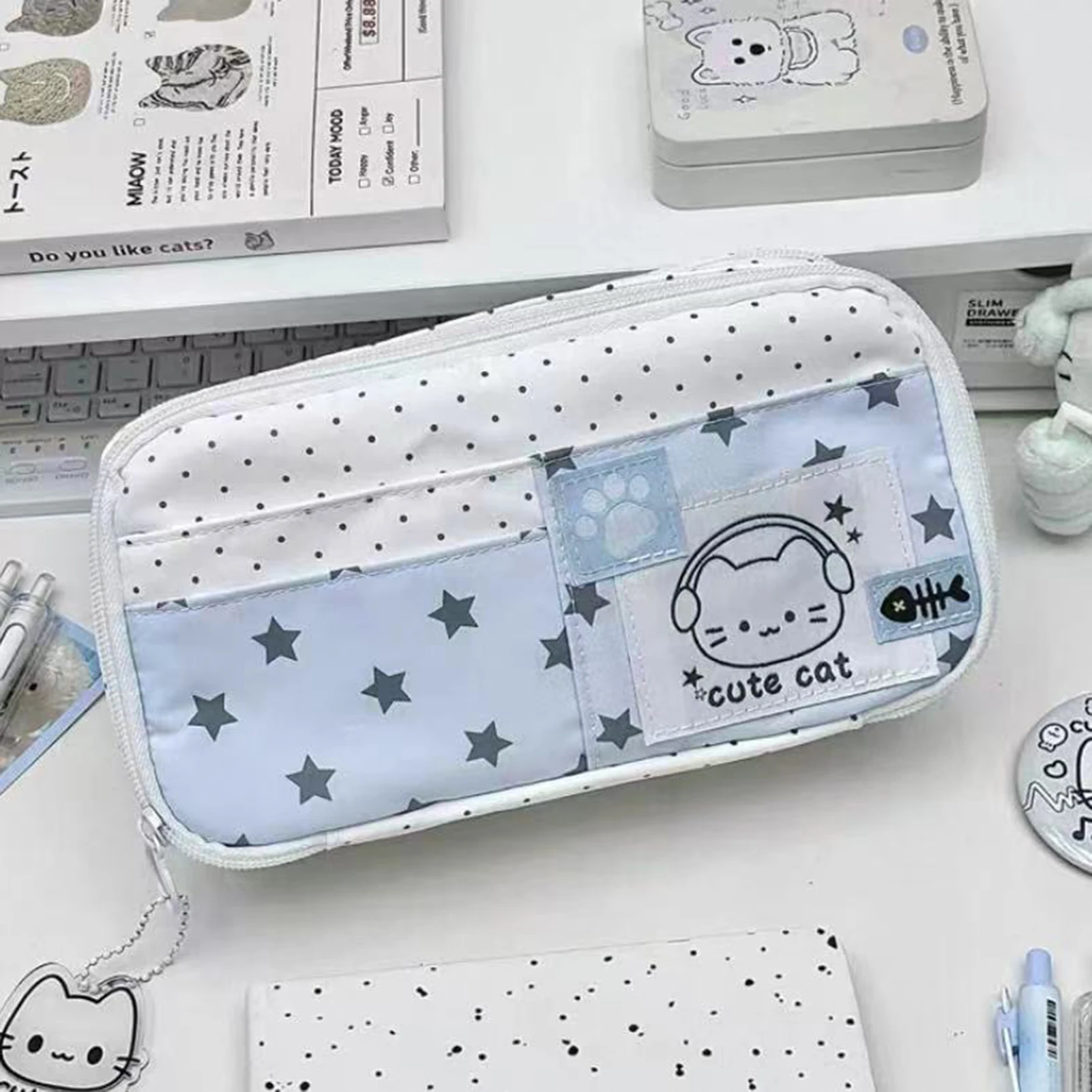Ins Girl Heart Style Stationery Bags Blue Music Polka Dot Little Cat Designs Pencil Cases Multi-layer Large Capacity Pen Pounch