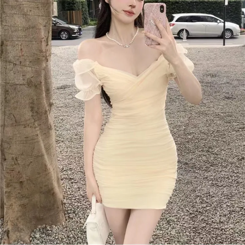 

Spring Summer Women's Solid V-Neck Gauze Patchwork Lace Pullover Sexy Falling Shoulder Short Sleeve Office Lady Mini Dress