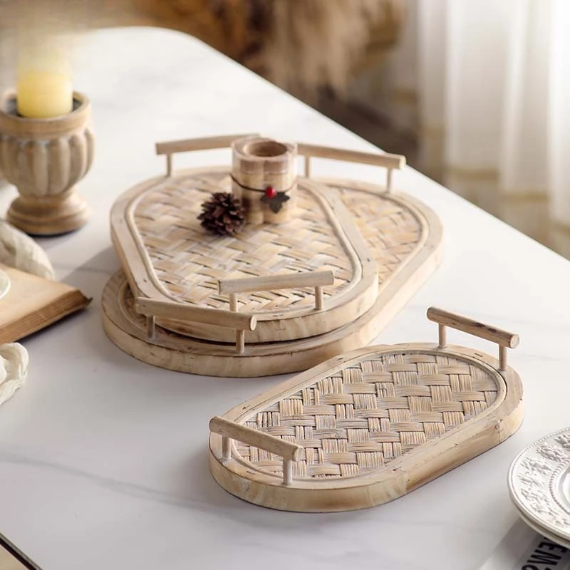 

Retro Boho Handmade Bamboo Decorative Tray Set Table Top Items Trays for Desserts Snacks Cakes Decoration Interior Accessories