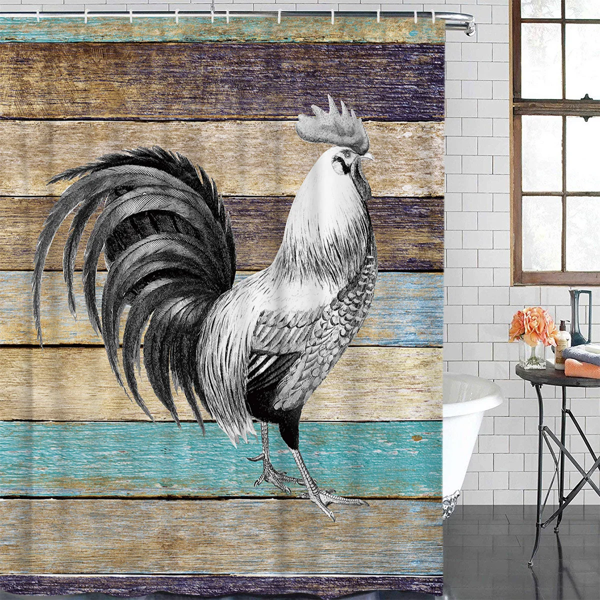 Farm Animal Rooster Wood Grain Waterproof Bathroom Decoration Shower Curtain Printed Bathtub Curtains Bathroom Accessories