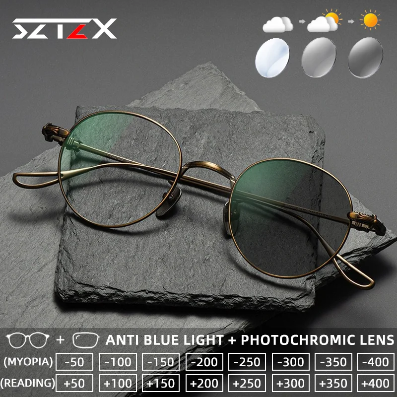 

SZTZX Classic Retro Titanium Photochromic Reading Glasses Anti Blue Light Round Myopia Glasses Progressive Prescription Eyewear