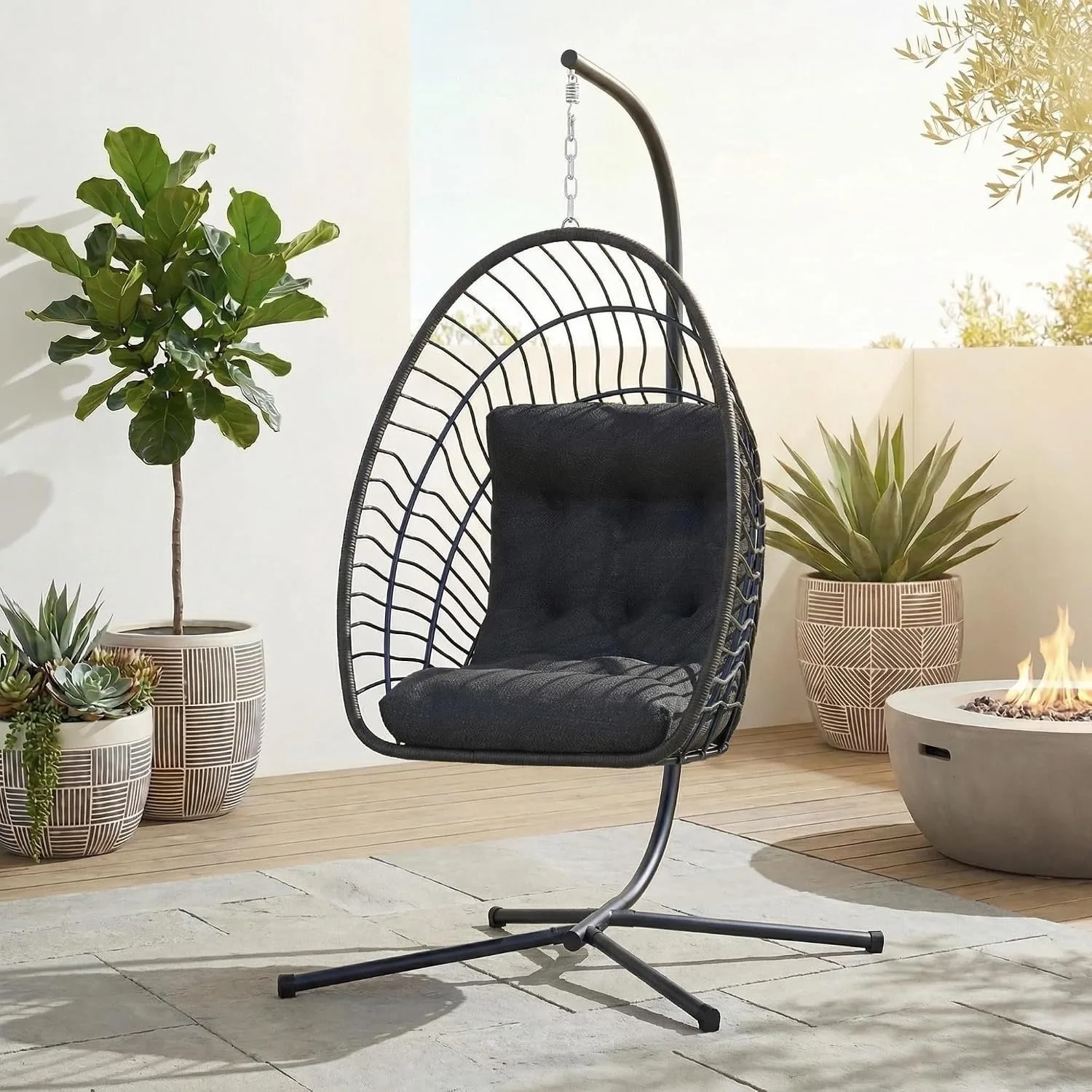 Foldable Rattan Wicker Hanging Egg Swing Chair With Stand Cushioned For Bedroom Porch Indoor Outdoor Patio, Custom
