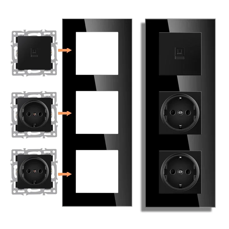 NYWP wall-mounted module diy European standard black tempered crystal glass panel socket LED light switch button function combi