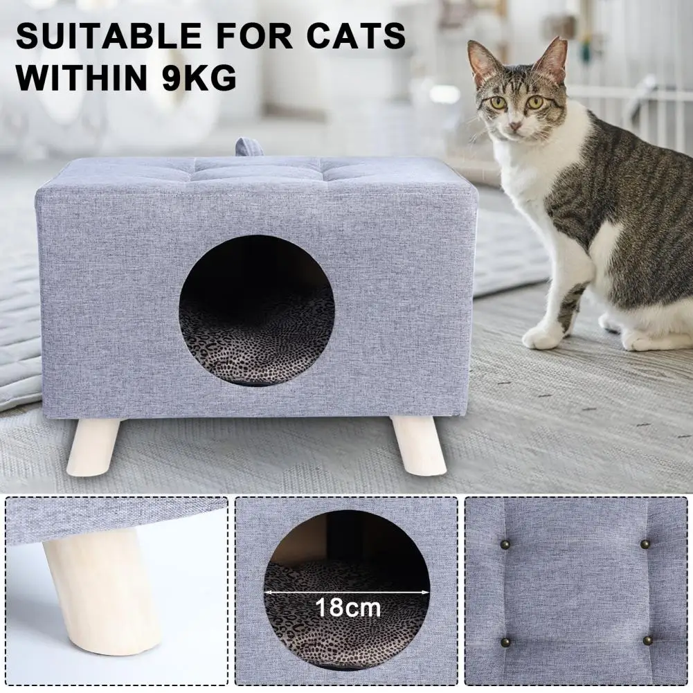 Ninho para gatos, banco para casa de animais de estimação, casa de madeira para gatos com tapete para casa de animais de estimação, banco para descanso de pés com almofada, casa em cubo para cães pequenos