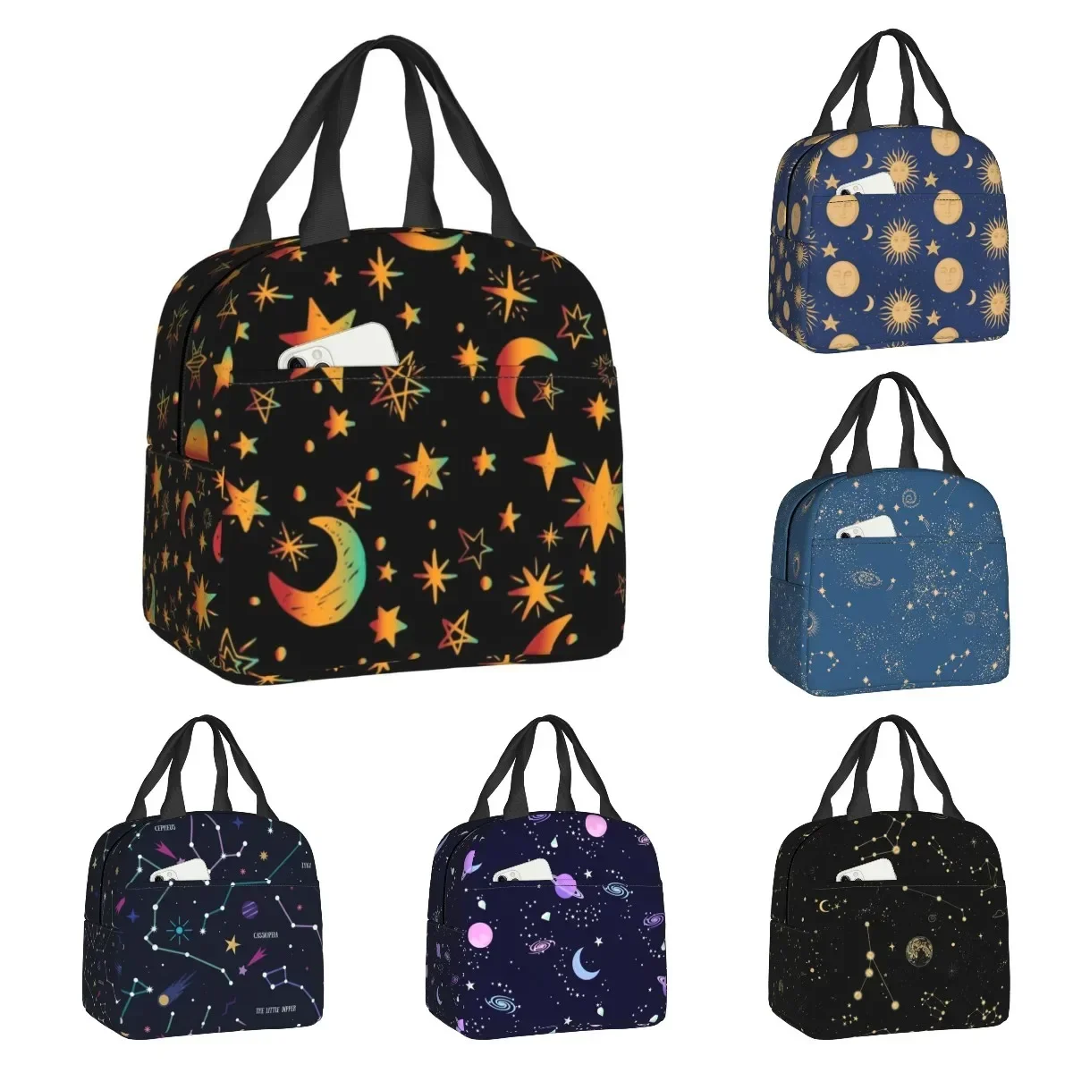 Custom Celestial Moon and Stars Lunch Bag Women Cooler Thermal Insulated Lunch Boxes for Student School