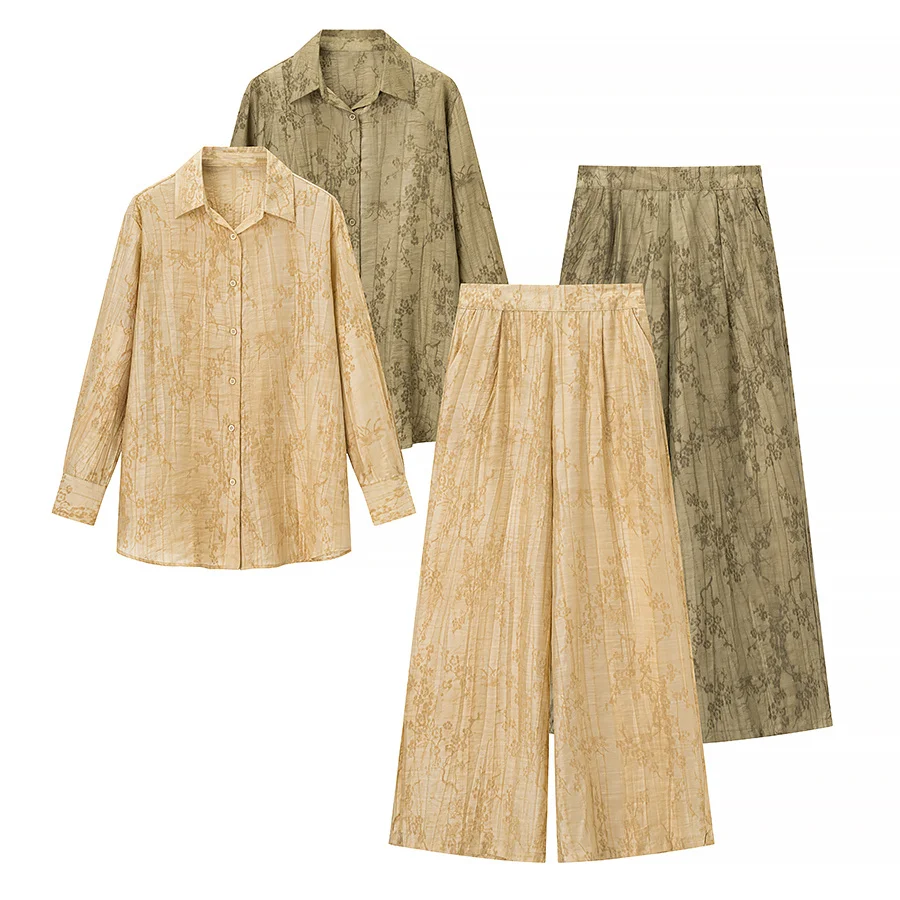 

MYST&ZA2025 Summer New Women's Leisure Vacation Style Jacquard Lapel Long Sleeve Loose Shirt Top + High Waist Straight Pants
