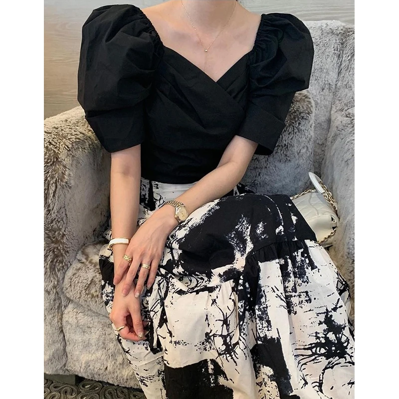 

Облегающий комплект с квадратным воротником и высокой талией Bubble Sve irt, женский модный летний винтажный ансамбль