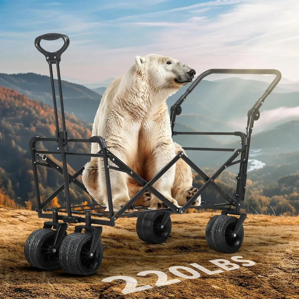 Heavy-Duty Outdoor Folding Wagon Cart with Removable Canopy, Adjustable Handles and Flexible Swivel Wheels for Large Capacity an