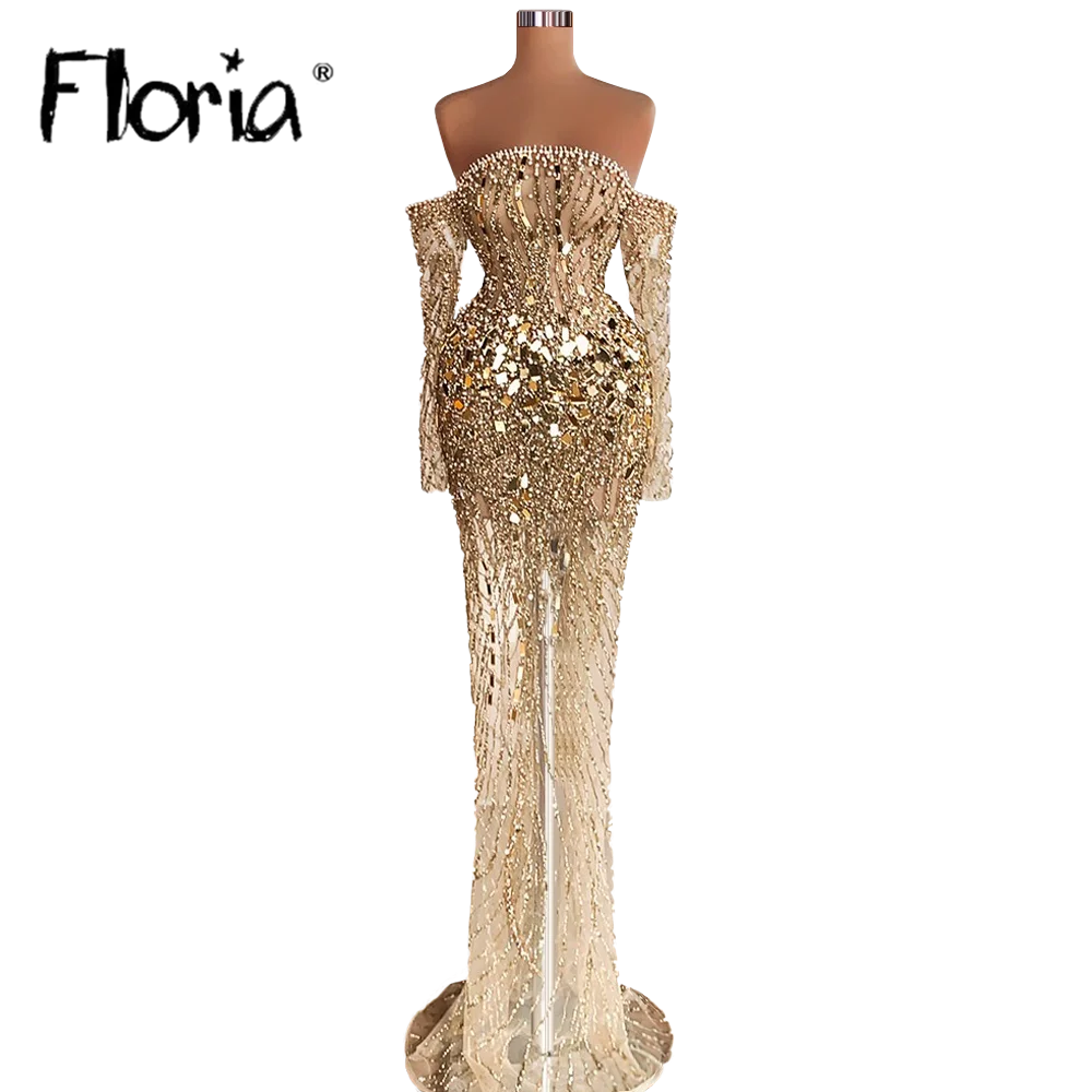 2022 New Champagne Beaded Luxury Evening Dresses Sexy Off Shoulder Custom Made African Engagement Party Gowns Robe de mariee