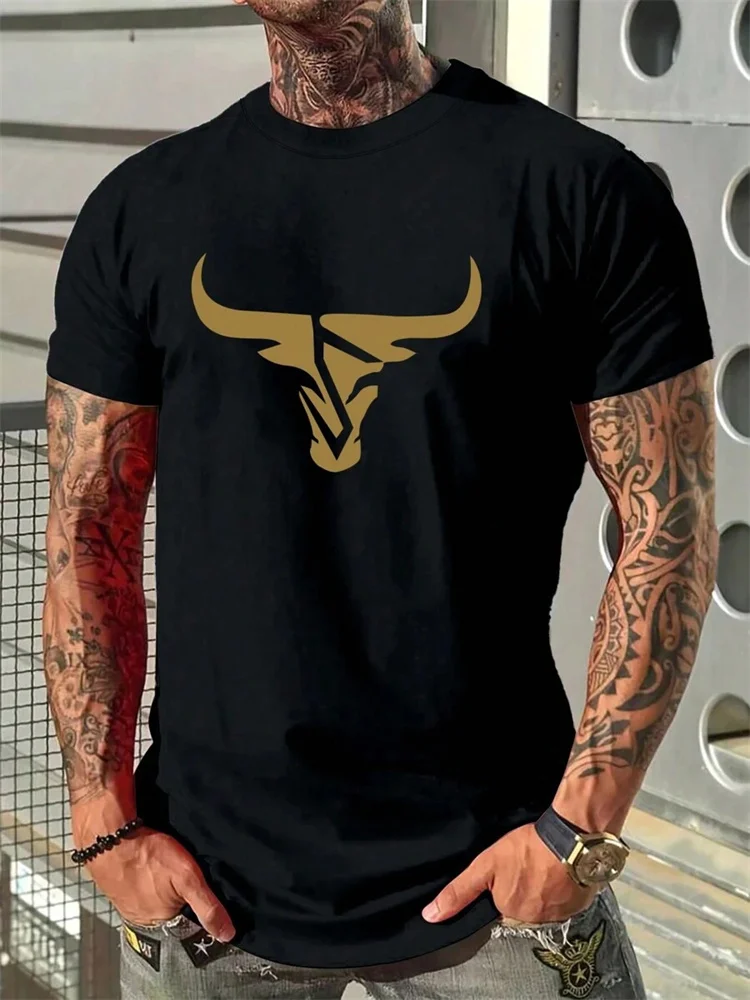 2026 New Summer Daily Casual Men's T-shirt Outdoor Street Men Fashion Short-sleeved Top 3D Bull Head Print Men's T-shirt