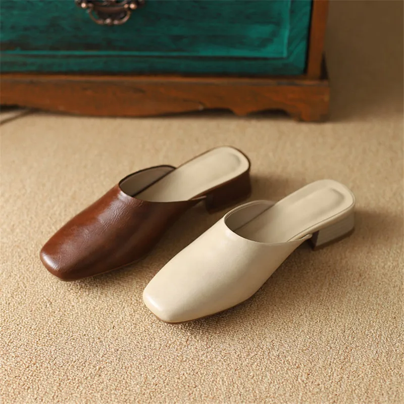 

New Spring/Summer Slippers Split Leather Shoes Square Toe Mules Shoes for Women Fashion Retro Chunky Heel Handmade Ladies Shoes