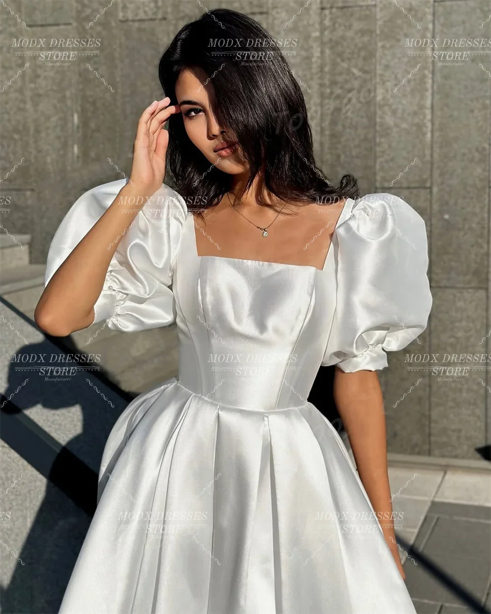 MODX 2026 فستان زفاف بياقة مربعة من الساتان على شكل حرف a وأكمام منتفخة فستان زفاف طول الأرض Vestidos Novias Boda مخصص للنساء #2