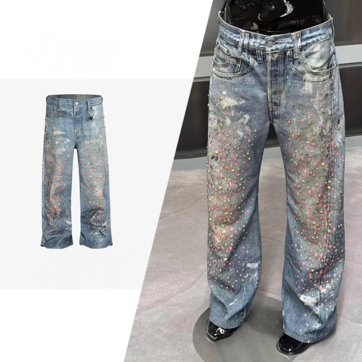 

Printed Diamond Washed Vintage Neutral Jeans Straight Leg Blue Long Pants Men's Casual Fashion Teenagers' Loose Fit Jeans
