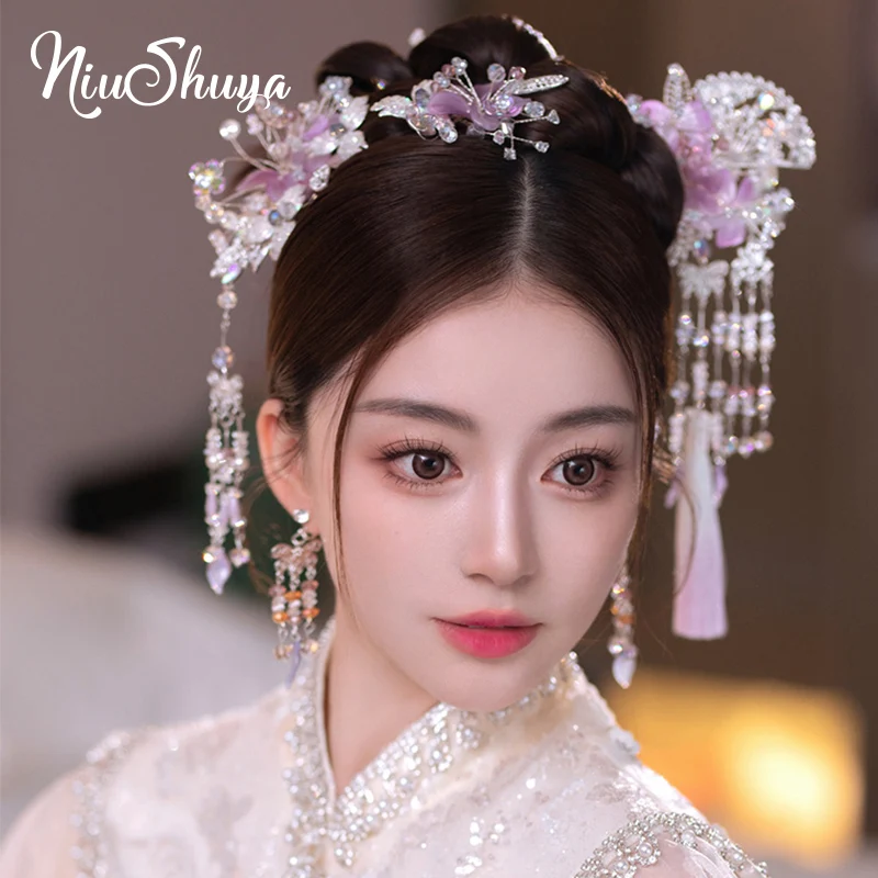 

NiuShuya Lovely Girls Chinese Classical Purple Pink Bridal Hairwear Ancient Costume Han Hairpins Head Jewelries