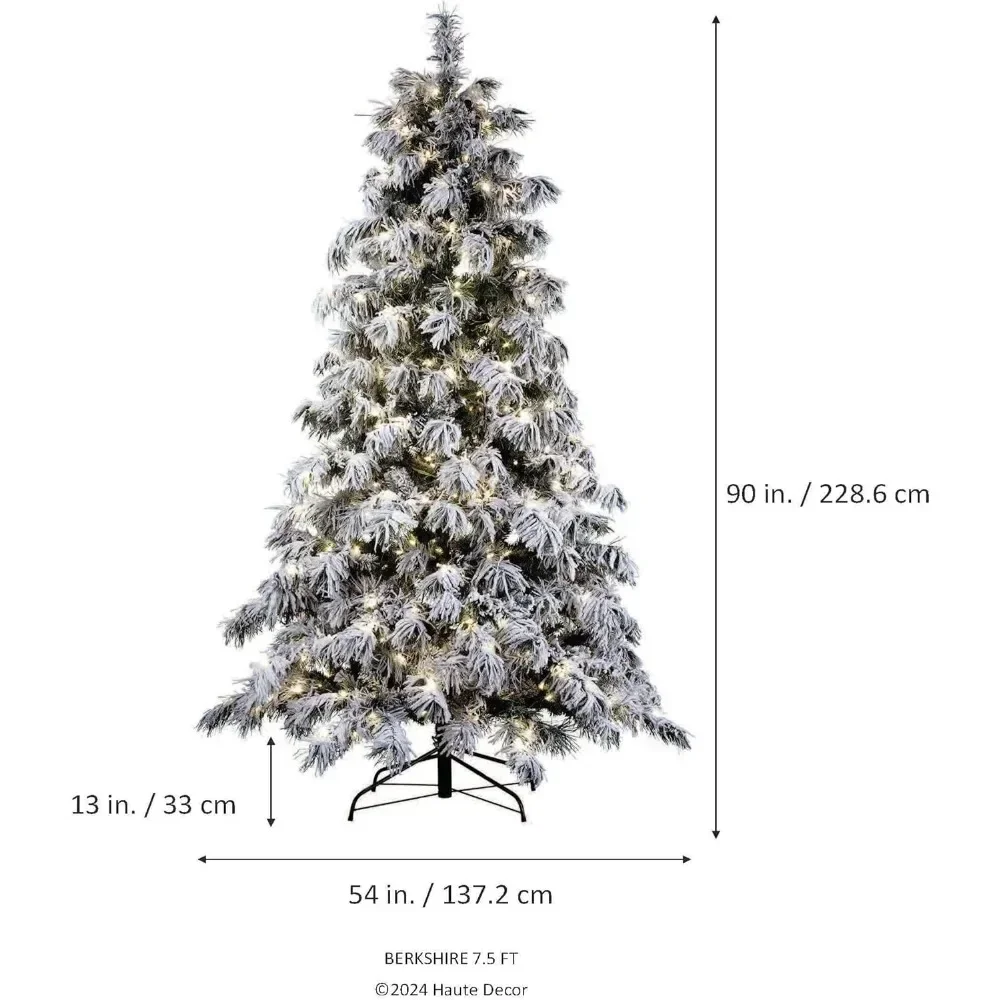 7.5 Foot Christmas Tree,Flocked Realistic Artificial Snowy Spruce with600 Warm White LED Lights, Hinged Branches Christmas Trees