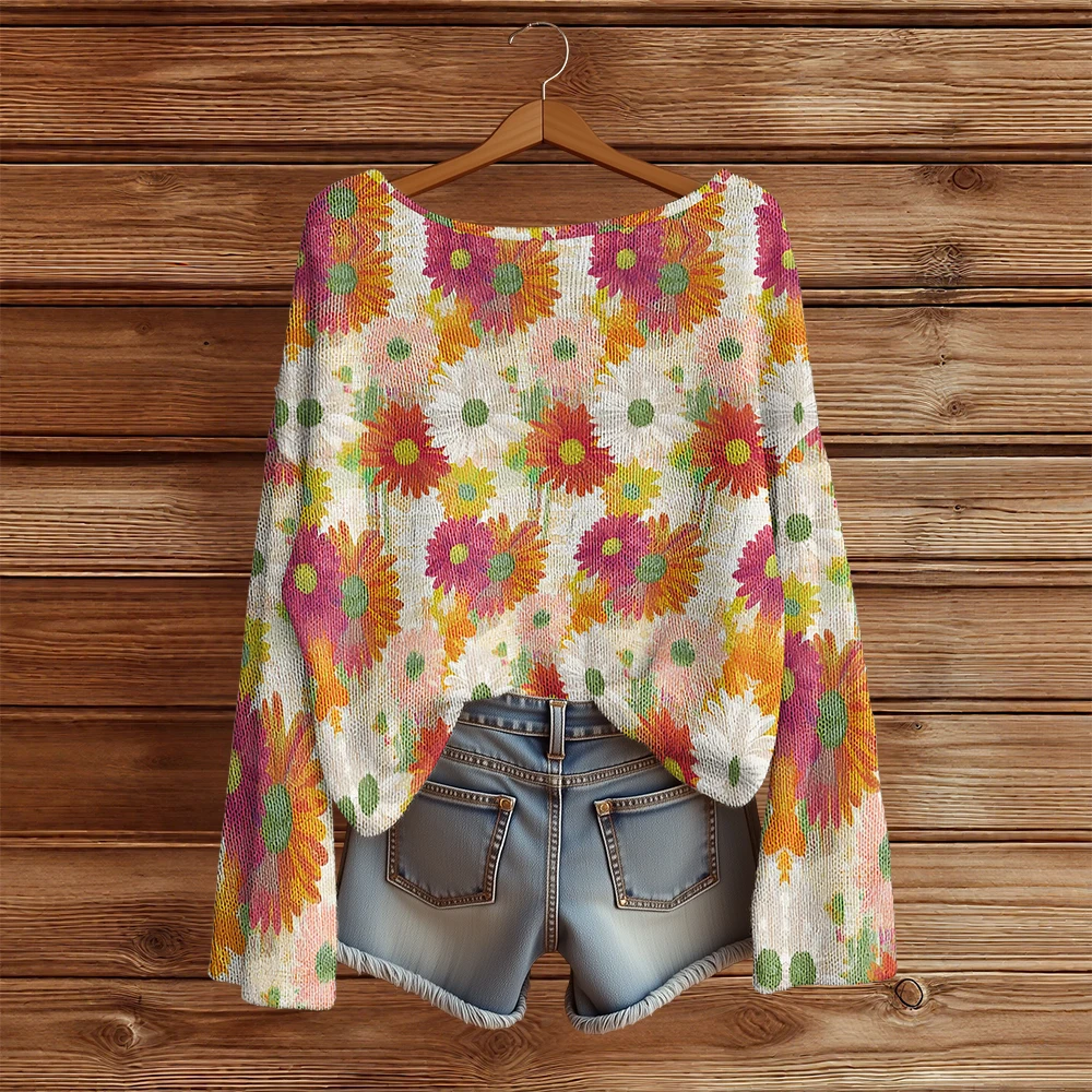 

Повседневные вязаные свитера с цветочным принтом для женщин, пуловер с круглым вырезом, свободный свитер с длинными рукавами, модные уличные джемперы, топы