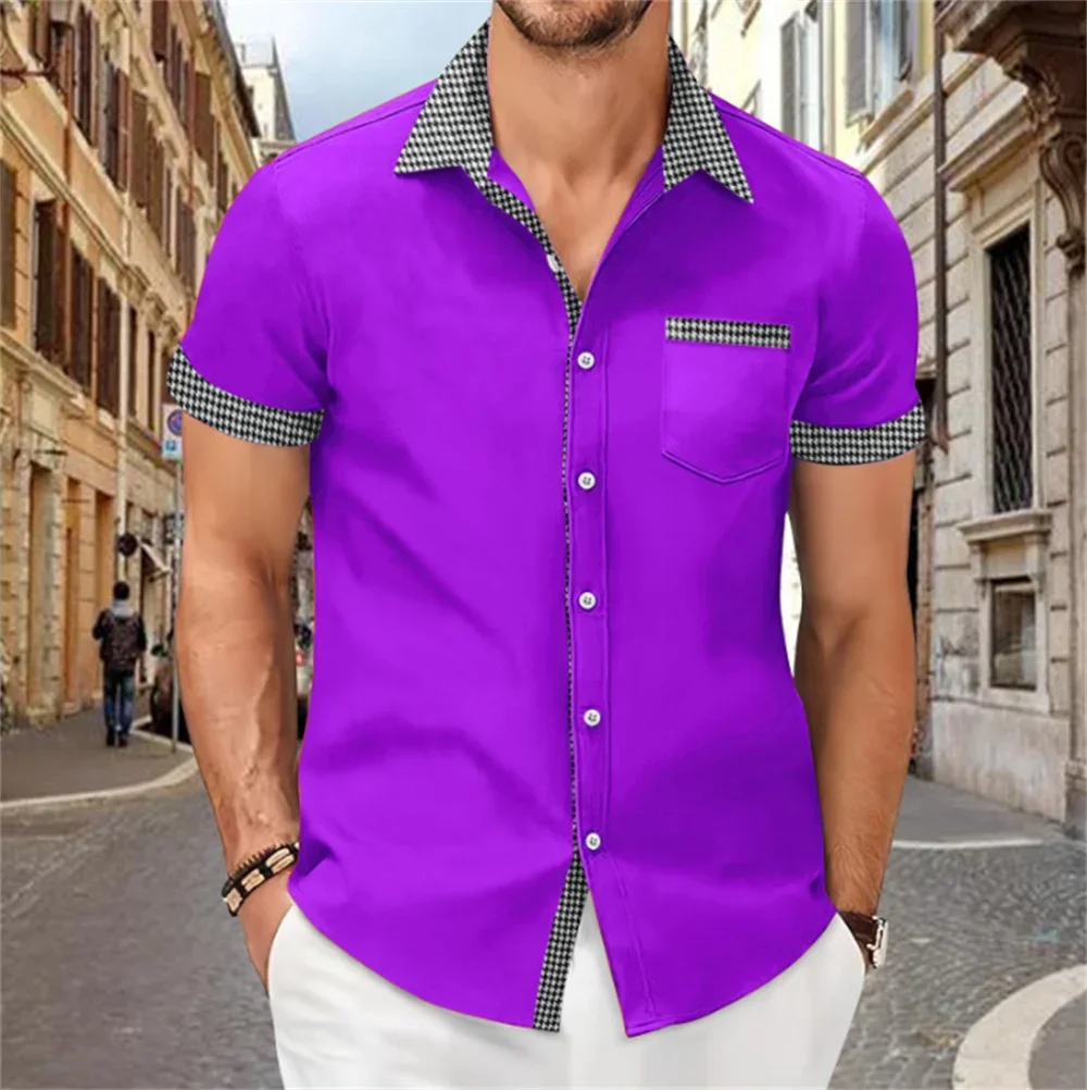 Patchwork printed shirt for men, solid color, comfortable and soft short sleeve top, large size, summer New