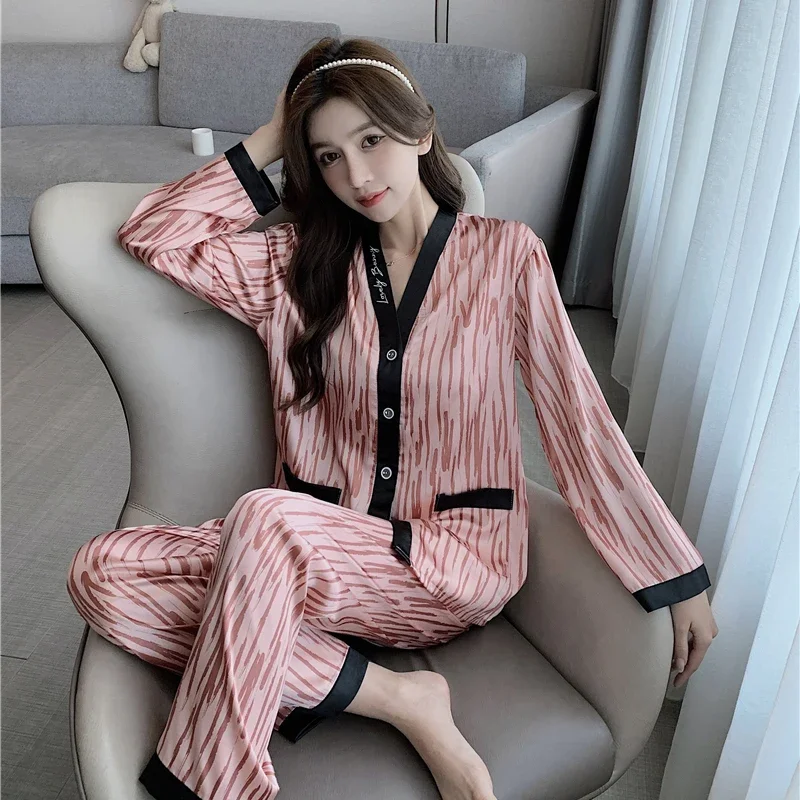 

XXL Large Size Nightwear Women's Pajamas Set V Neck Design Luxury Cross Letter Print Sleepwear Silk Like Home Clothes