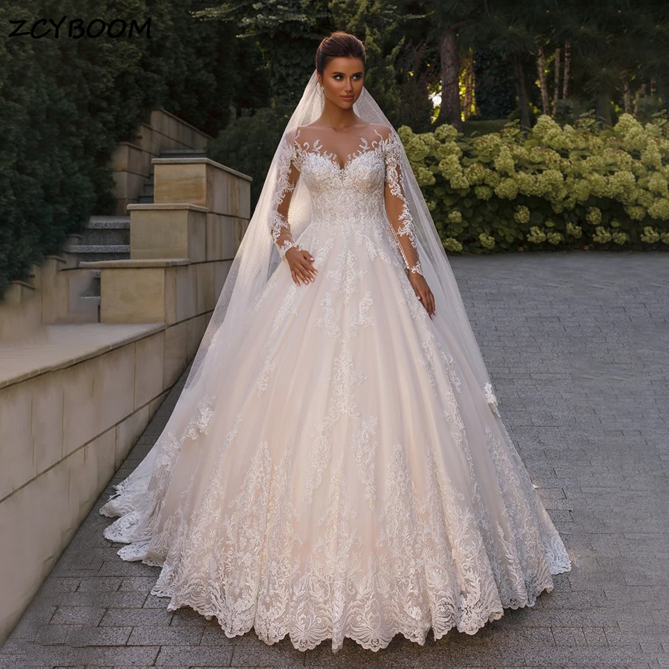 Luxury Long Sleeves Princess Ball Gown Wedding Dress 2026 Sweetheart Lace Appliques Illusion Back Bridal Gowns Vestidos De Novia