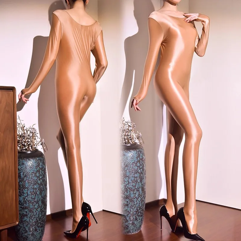 

One Piece Full Bodystockings Cosplay Party Dance Wear Women Open Crotch Erotic Lingerie Romper Oil Glossy Smooth Nylon Jumpsuits