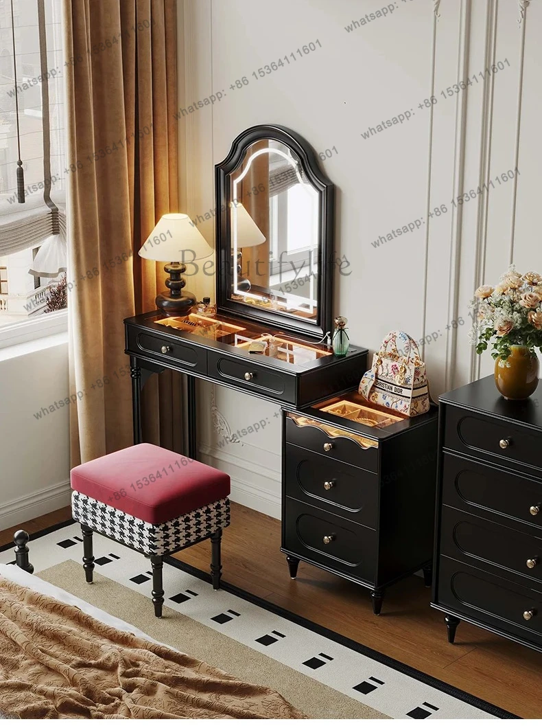 Retro Style Solid Wood Dressing Table Chest Storage Small Bedroom Dressing Table with Integrated Makeup Mirror