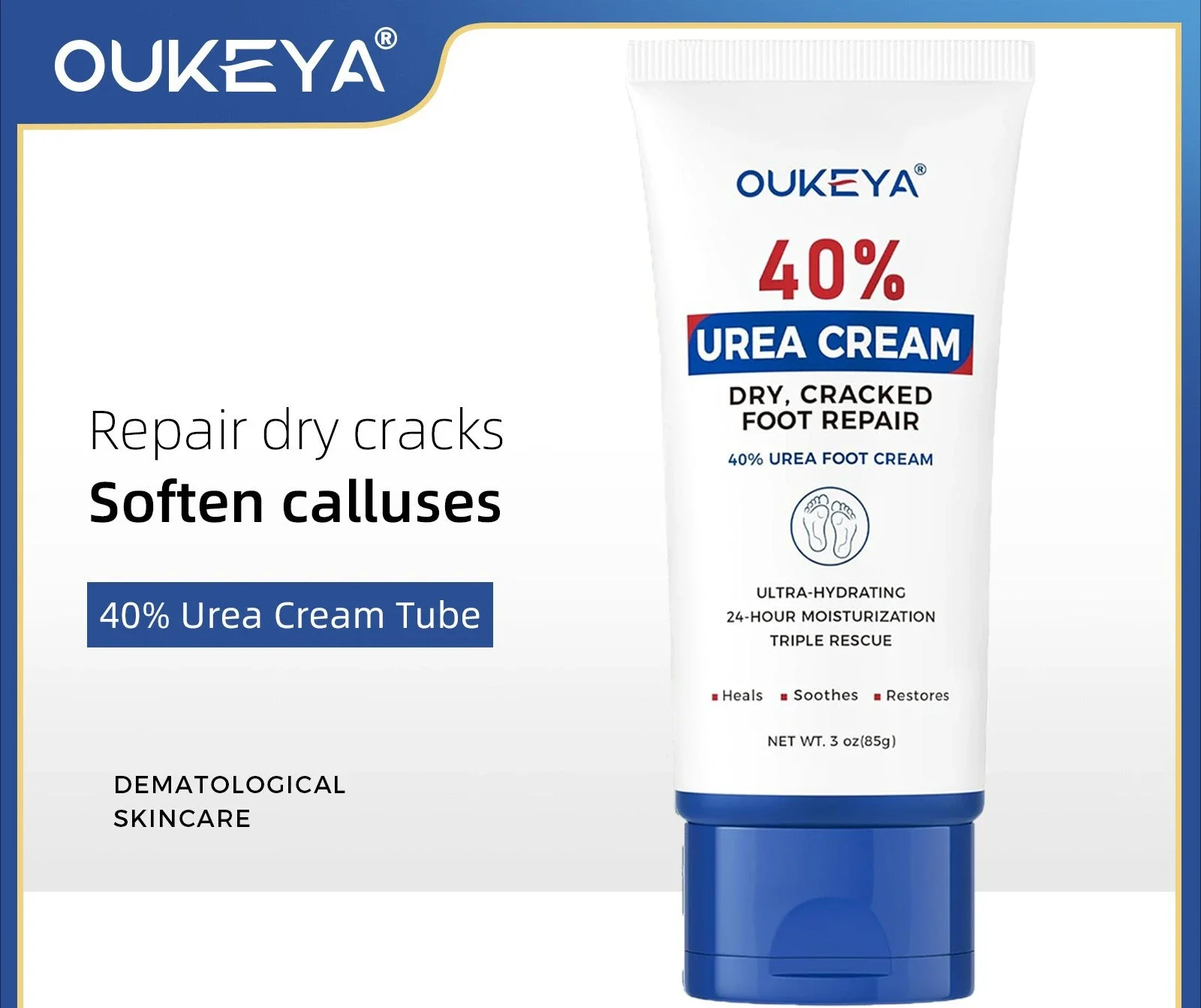 OUKEYA 40% natuurlijke ureumvoetcrème - intensieve vochtinbrengende crème voor gebarsten hielen, herstelt diep en absorbeert snel, niet vettig