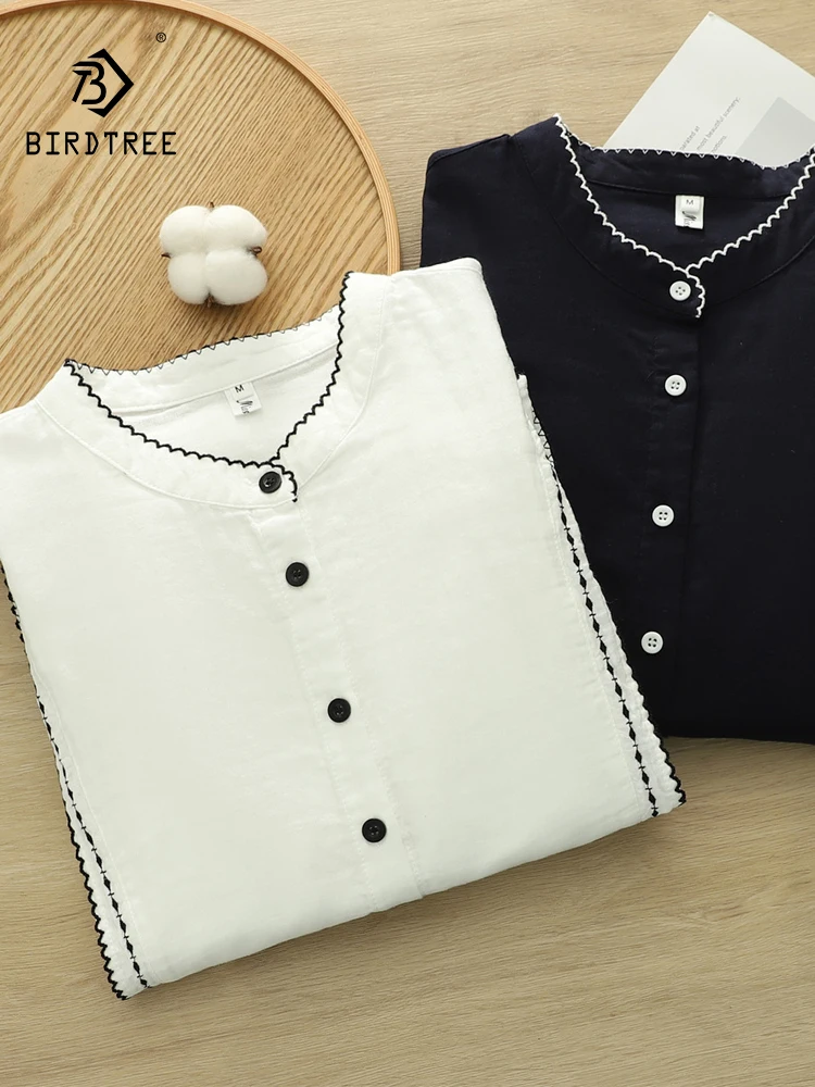 

New 2025 Autumn Cotton Yarn Long Sleeve Shirt, Women Stand Ruffles, Mori Girl Fashion Comfortable Casual Loose Blouse T59627CC