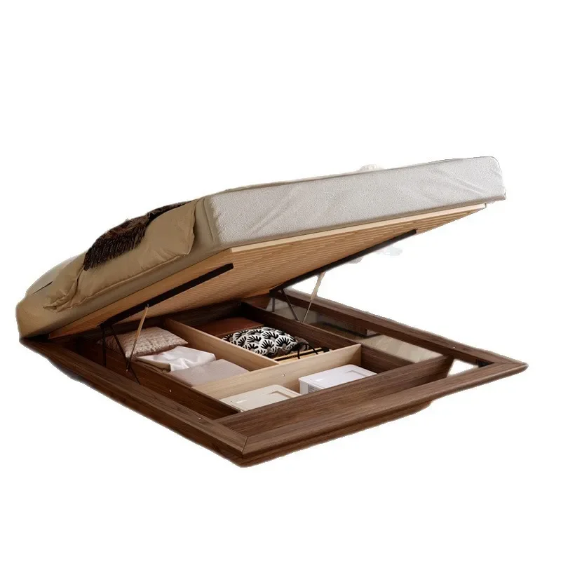 Walnut Solid Wood Floating Bed Frame Mid Century Modern Skeleton Design with Hydraulic Lift Storage Box No Nightstand