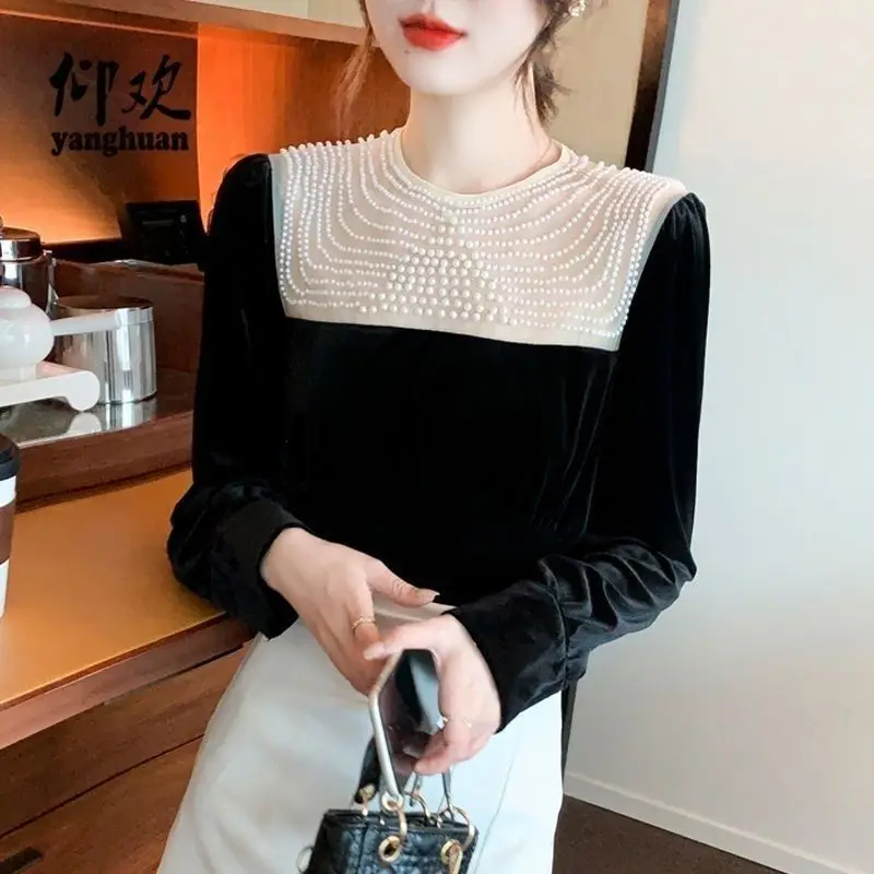 Design Niche Beaded Western Style Long-sleeved T-shirt for Women Autumn New European Style Shirt Gold Velvet Bottoming Shirt