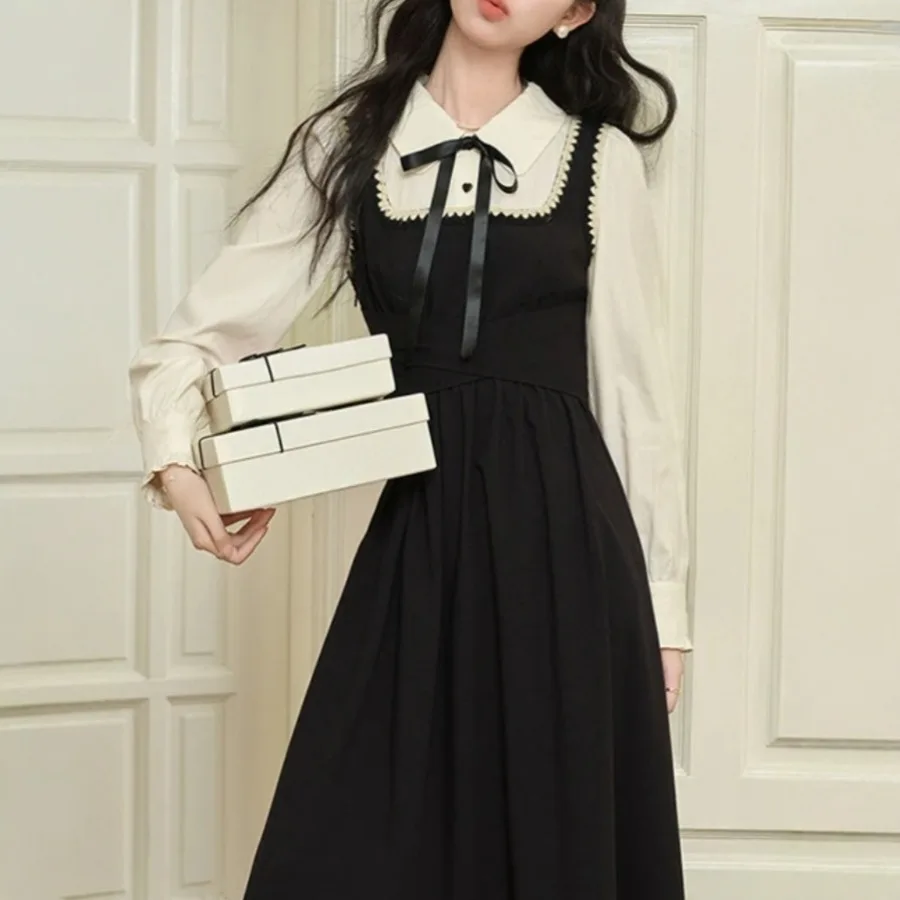 

【New style】Fake two-piece preppy shirt dress autumn new fashionable temperament age-reducing long-sleeved women's dress slimmin