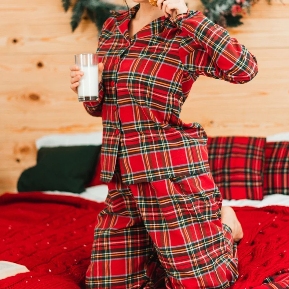 Moda feminina conjuntos de pijama de natal vermelho xadrez impressão manga longa botão turn-down colarinho camisas + calças pijamas roupas de natal