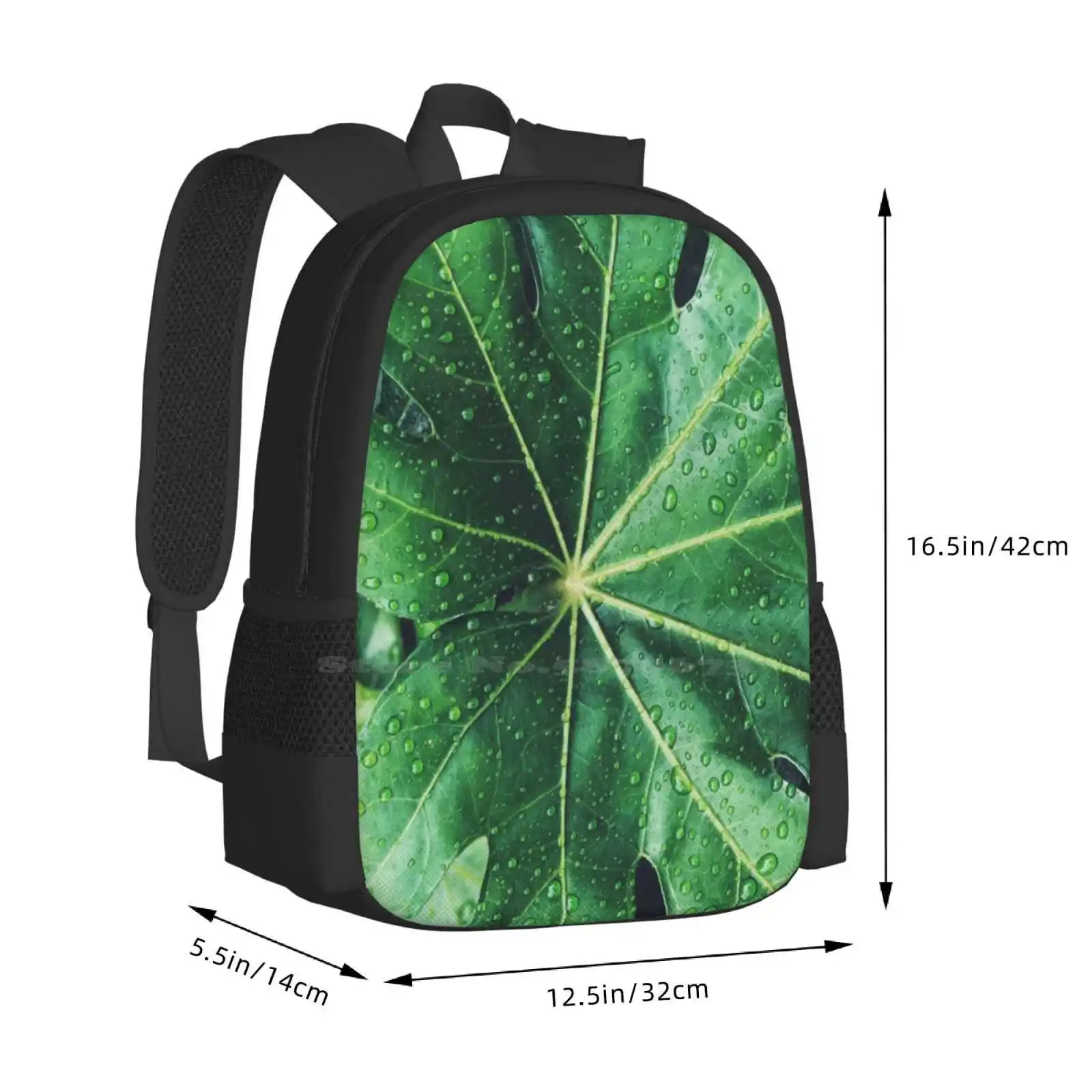 Rainy Day Leaf Pattern Design Bag Student'S Backpack Plant Nature Leaf Green Rain Water Droplets Tropical