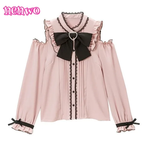 

Japanese Sweet Lolita Elegant Blouses Spring Autumn Women Harajuku Lace Bow Long Sleeve Shirts Girly JK Kawaii Tops Blusas