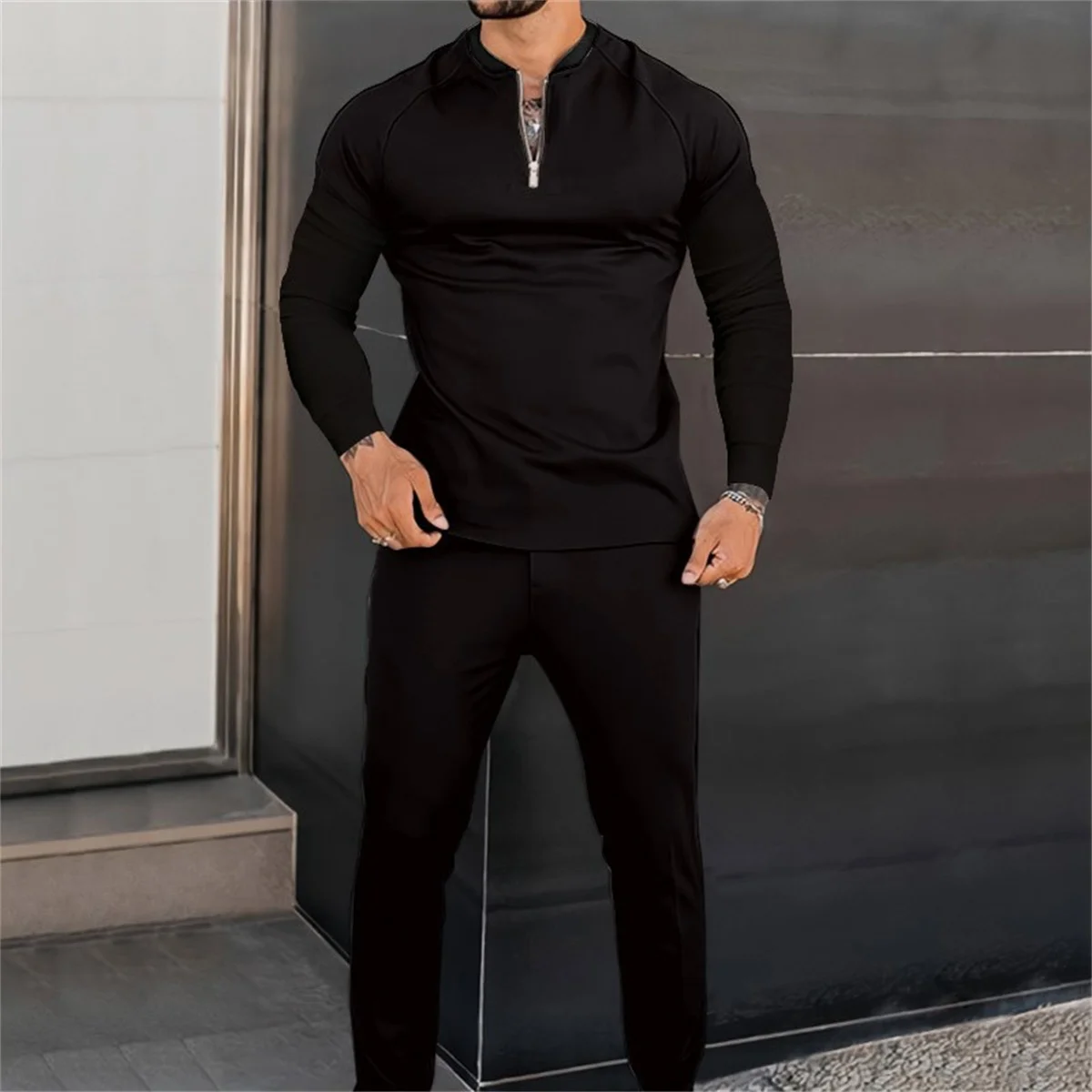 

2024 Autumn New Hot Outdoor Sports Exercise Jogging Simple Pure Color Sweat Absorption Breathable Men's Sports Suit