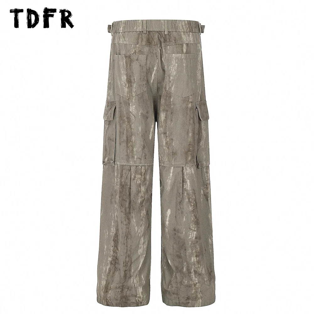 Multi-Pocket Cargo Pants Mens Safari Style Spliced Pocket Loose Straight Elastic Waist Wide Leg Trousers Men