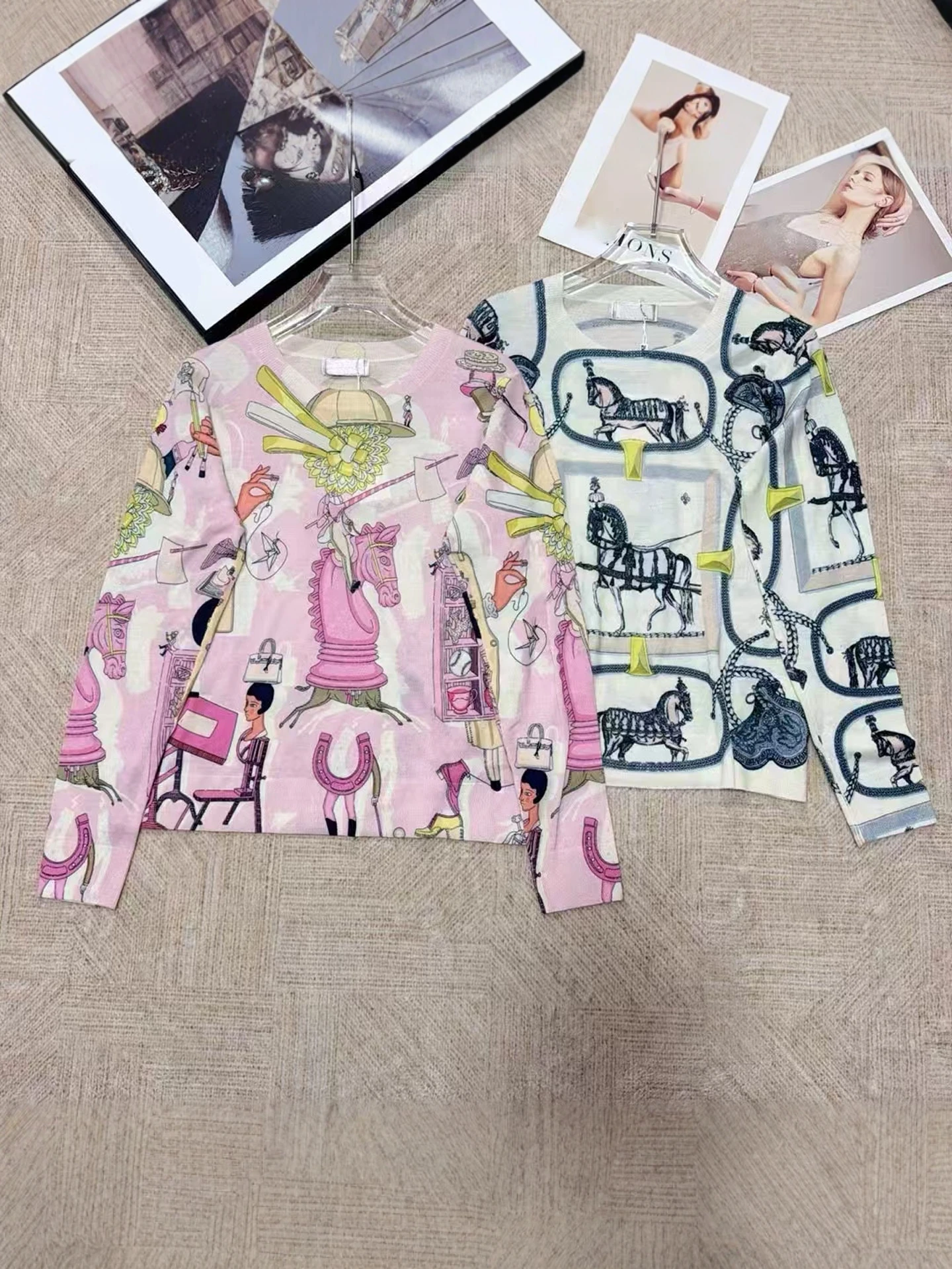 Spring 2026 Women's Camere Knitted Long Sve round Ne Pullover Vintage Sle Soft Woolen Printed Faion Equestrian Pat...