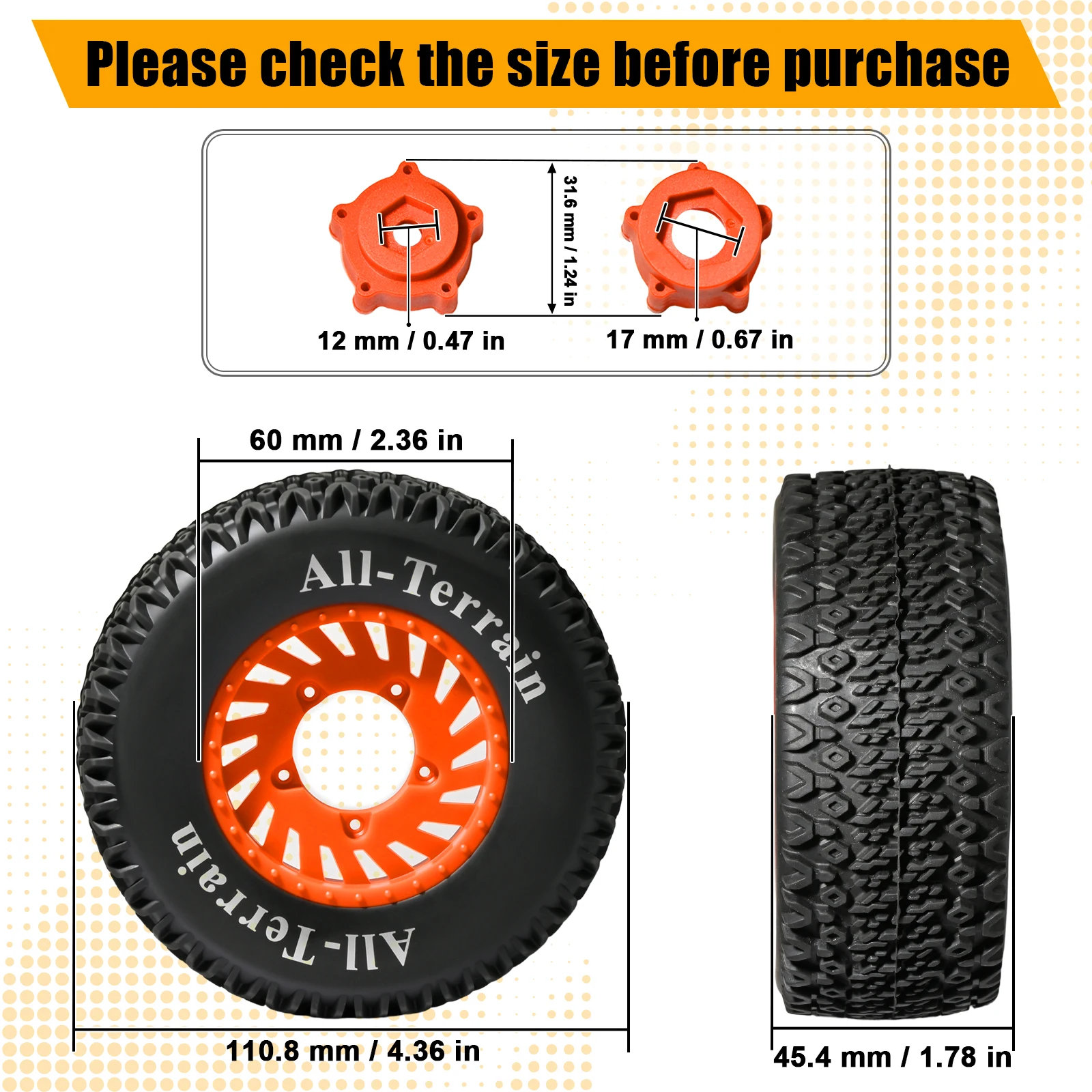 

1/8 1/10 110mm Short-Course Off-Road Truck Tire & Wheel Set, with 12mm/17mm Hex Connectors for ARRMA Senton/Trxs Slash