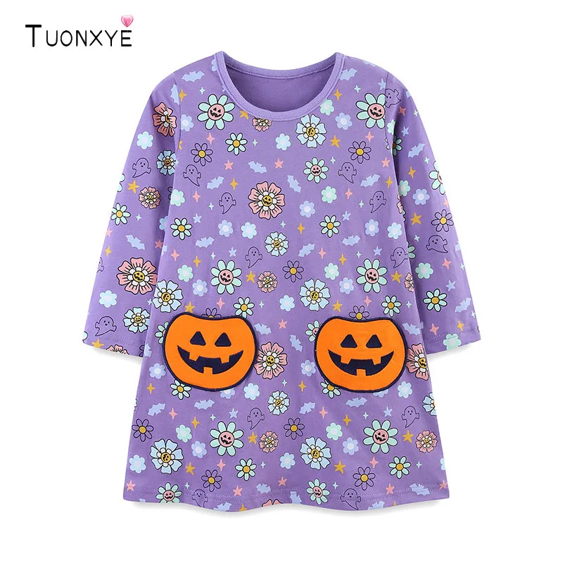 TUONXYE Baby Girl Halloween Cotton Dress Long Sleeve Purple Floral Ghost Toddler Dress Pumpkin Patches Casual Party Outfit