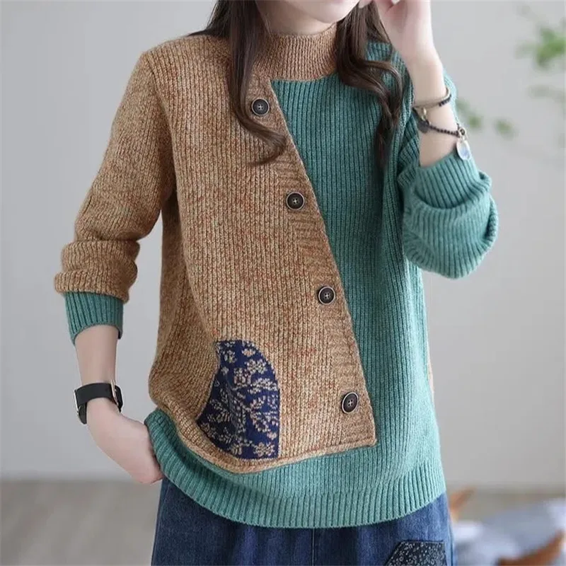 Splicing 2023 New Knitwear Keep Warm Ladies Jacket Woman Autumn And Winter Short Coat Female Long Sleeve Loose Sweater