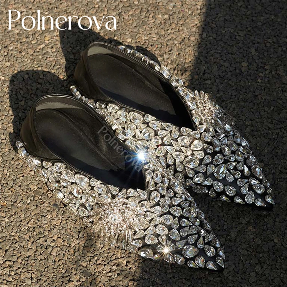 Crystal Embellished Ballet Flats Pointed-Toes Leather Shoes Luxurious Designer Style Handmade Shoes Bling Bling Rhinestone Shoes