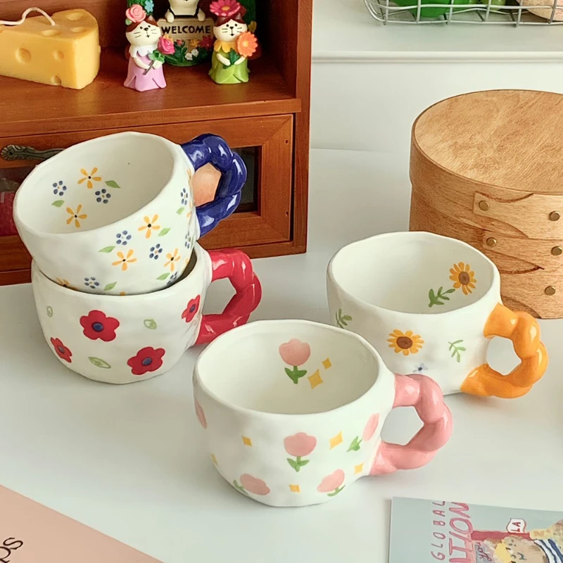 250ml Hand-made Irregular Ceramic Mug, Hand-painted Flower Pattern Coffee Cup, Children's Breakfast Milk Cup, Kitchen Drinkware
