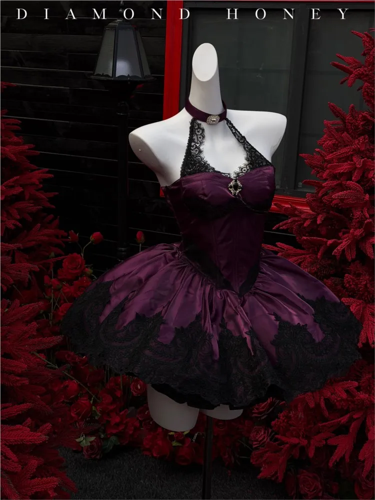 

Кружевное фиолетовое короткое платье в балетном стиле для юных модниц на день рождения