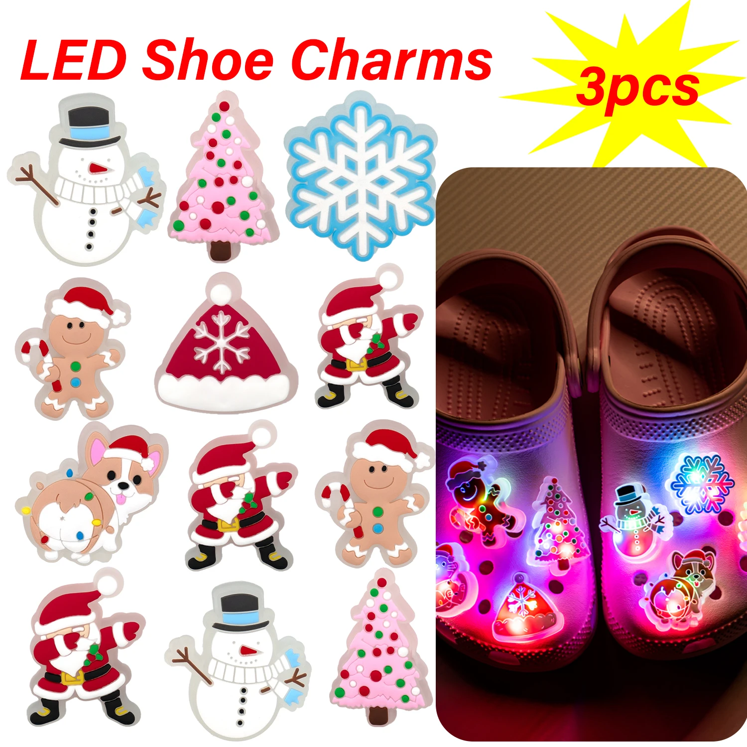 

3/5PCS Luminous Christmas Shoe Accessories Charms Snowman Snowflake LED Shoe Decoration Santa Claus Pin Jeans Fits All Clogs