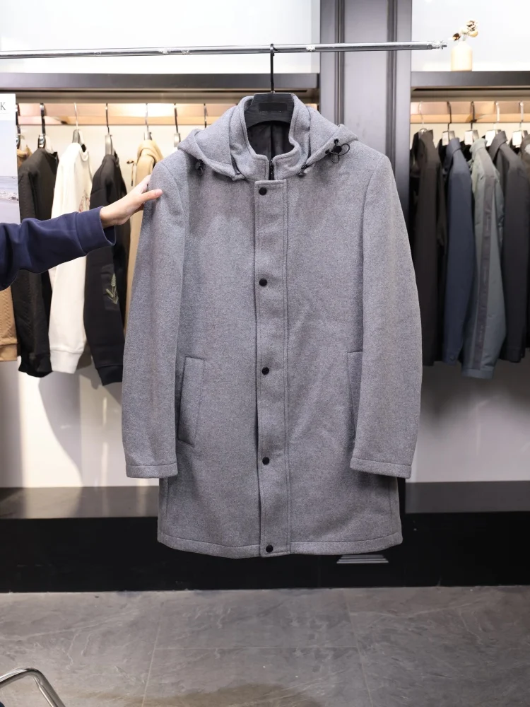 

Comfortable Men's Hooded Mid-Length Coat Jaet Detachable Cap Plain Color Autumn Winter Faion Urban Sle Long Sve Coat